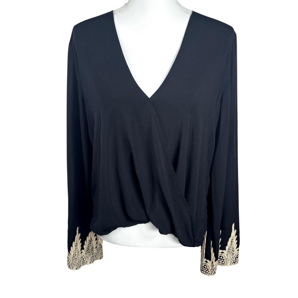 Flare Sleeve Top Black Crochet Trim Long Sleeve Gold Lace Boho Festival  Sz S